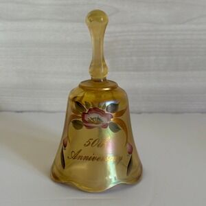 Fenton Marigold Carnival Glass 50th Anniversary Bell Hand Painted Floral Gold 6"